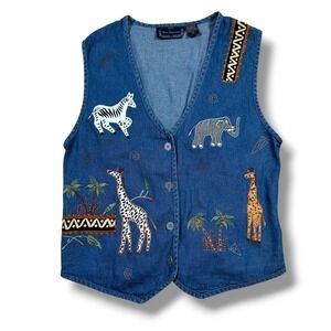 New Direction Denim Vest Womens Small Safari Animal Embroidered Cotton Vintage